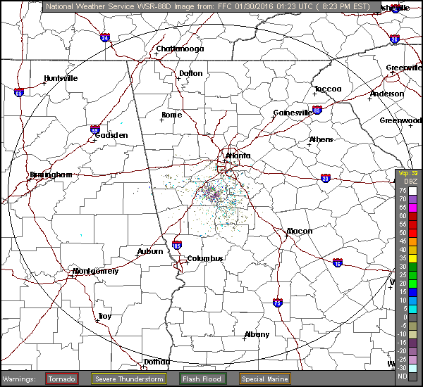 latest Base Reflectivity radar loop from Peachtree City, Georgia
