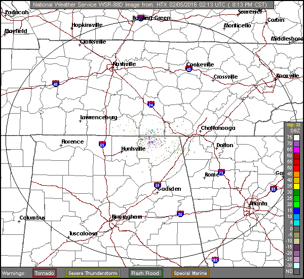 latest Base Reflectivity radar loop from Hytop, Al (NE Alabama)