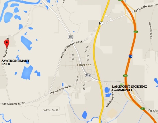 Emerson overview, with Avatron on the left and LakePoint Sporting Community and Town Center on the lower right. Google image.